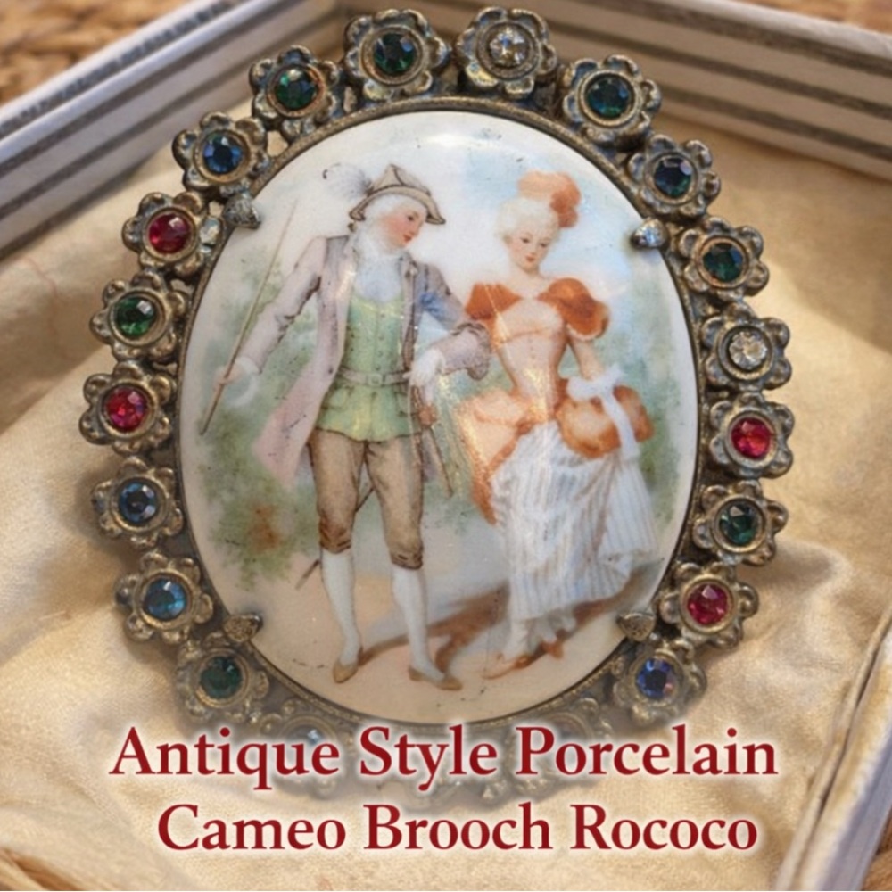 Antique Style Porcelain Cameo Brooch Rococo Couple Rhinestone Vintage Jewelry